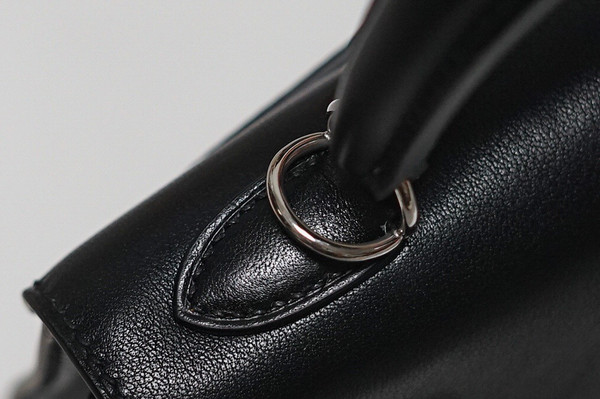 Hermes  FEATHER KELLY 25 Black Peacock feather & Box Leather with Palladium Hardware