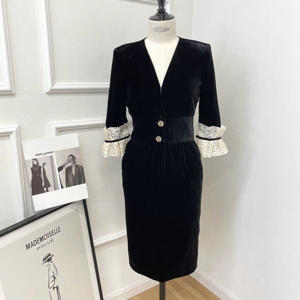 Saint Laurent V-NECK MIDI DRESS IN CUPRO VELVET