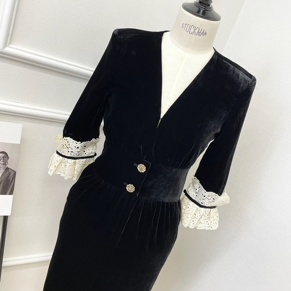 Saint Laurent V-NECK MIDI DRESS IN CUPRO VELVET