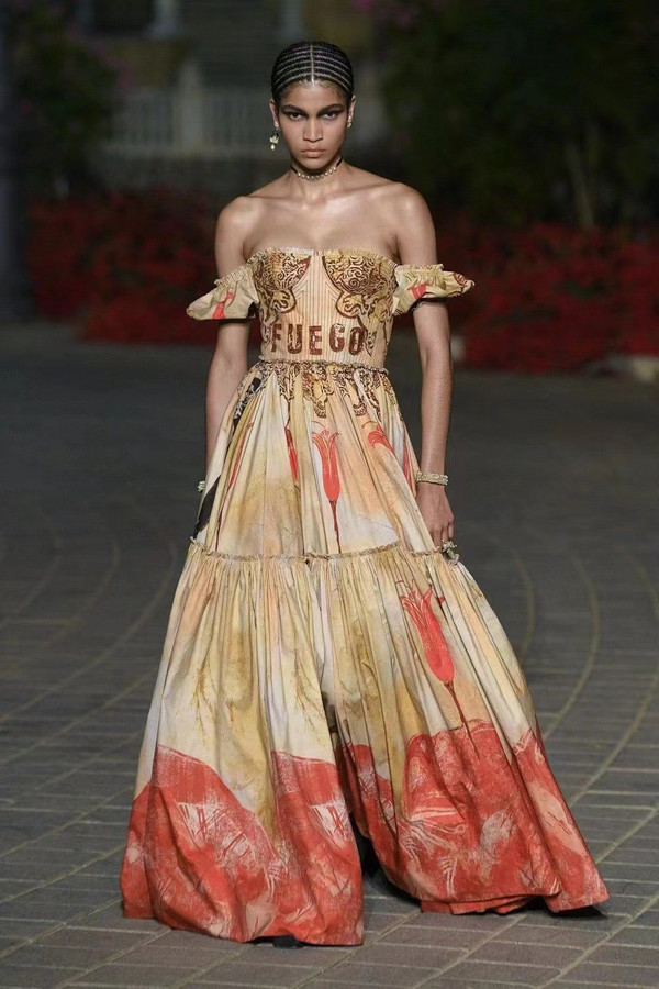 Christian Dior LONG DRESS Cotton and Silk Poplin with Fuego Motif