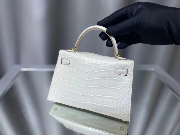 Hermes  White Mini Kelly II 20 Alligator Gold Hardware