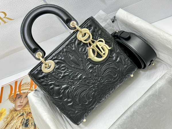 Christian Dior SMALL LADY DIOR MY ABCDIOR BAG Black Quilted-Effect Lambskin with Ornamental Motif