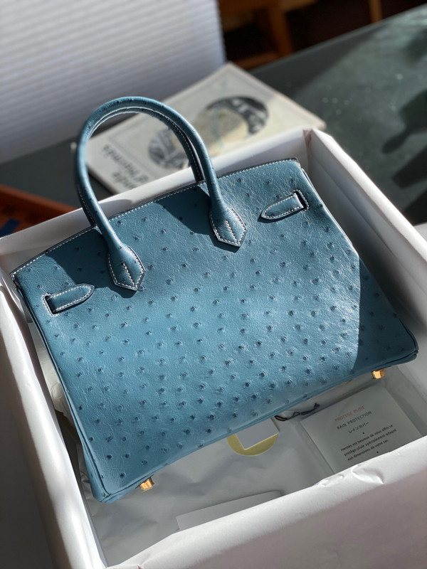 Hermes Blue Jean Birkin Bag 30cm KK Ostrich Leather Gold Hardware