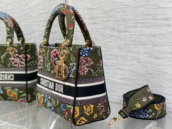 Christian Dior MEDIUM LADY D-LITE BAG Green Multicolor Dior Petites Fleurs Embroidery