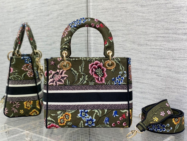Christian Dior MEDIUM LADY D-LITE BAG Green Multicolor Dior Petites Fleurs Embroidery