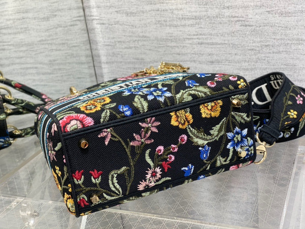 Christian Dior MEDIUM LADY D-LITE BAG Black Multicolor Dior Petites Fleurs Embroidery