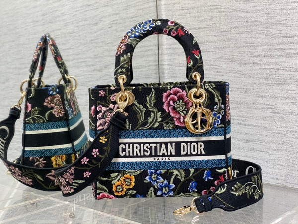 Christian Dior MEDIUM LADY D-LITE BAG Black Multicolor Dior Petites Fleurs Embroidery