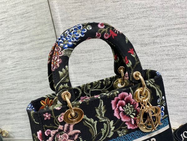 Christian Dior MEDIUM LADY D-LITE BAG Black Multicolor Dior Petites Fleurs Embroidery