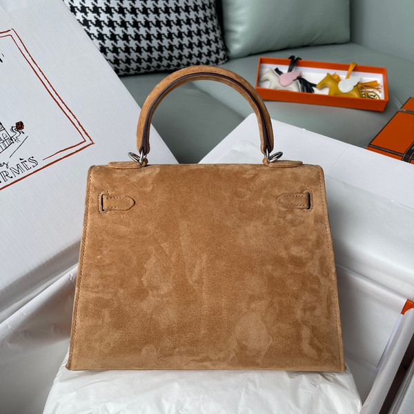 Hermès Kelly 25 Sellier Gold Suede Palladium, Hardware