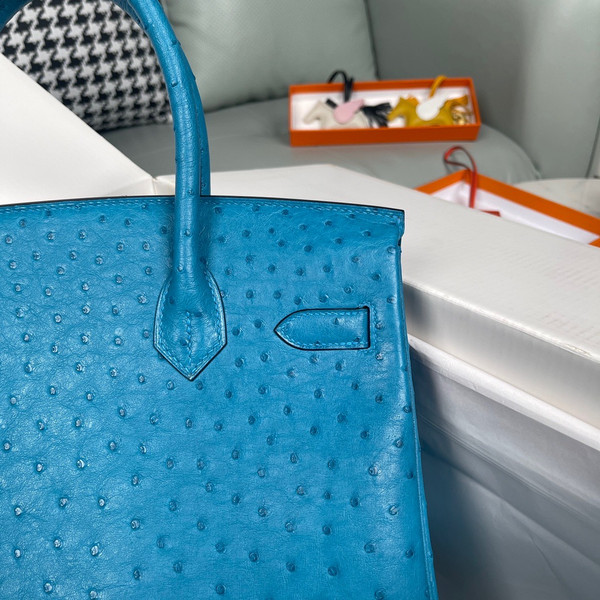 Hermes Blue Izmir Birkin Bag 25cm Ostrich Leather Gold Hardware