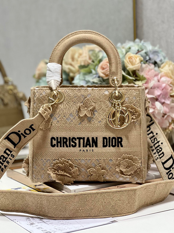 Christian Dior MEDIUM LADY D-LITE BAG Natural D-Lace Embroidery with 3D Macramé Effect