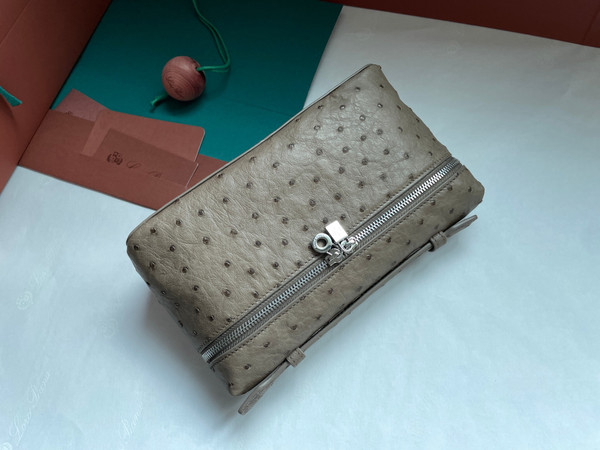 Loro Piana Extra Pocket Pouch L19  Ostrich Leather Etoupe