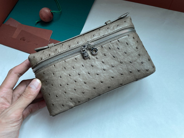 Loro Piana Extra Pocket Pouch L19  Ostrich Leather Etoupe