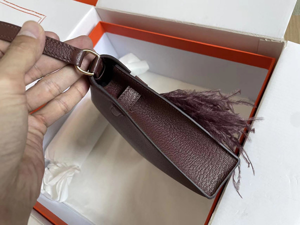Hermes Kelly Elan Shoulder Strap Bag with Ostrich Feathers Rouge Sellier
