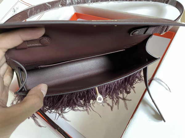 Hermes Kelly Elan Shoulder Strap Bag with Ostrich Feathers Rouge Sellier