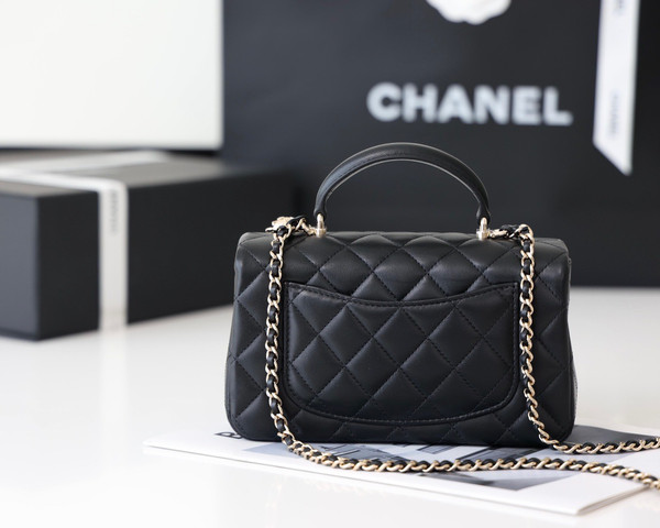 Chanel Top Handle Mini Rectangular Flap Bag with Charm Black Lambskin Gold Hardware