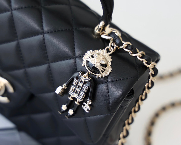 Chanel Top Handle Mini Rectangular Flap Bag with Charm Black Lambskin Gold Hardware