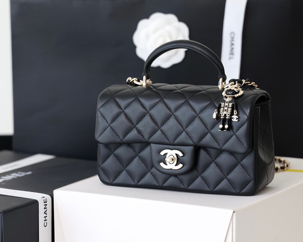 Chanel Top Handle Mini Rectangular Flap Bag with Charm Black Lambskin Gold Hardware