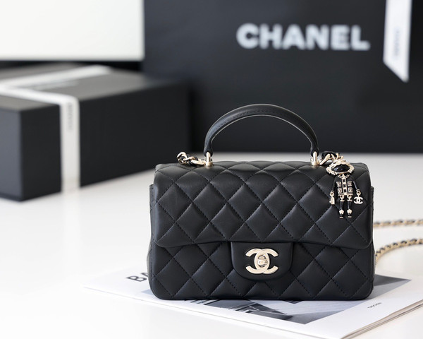 Chanel Top Handle Mini Rectangular Flap Bag with Charm Black Lambskin Gold Hardware