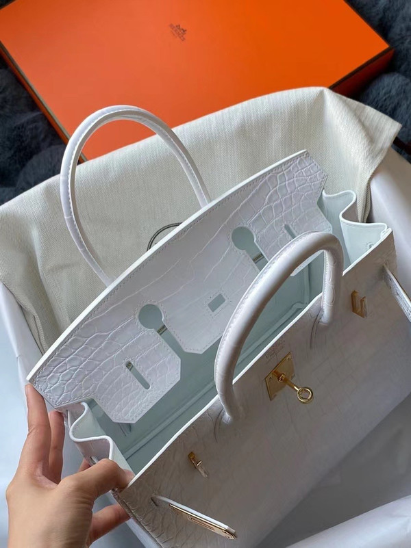 Hermes Birkin 30 in white Niloticus Crocodile with Gold hardware