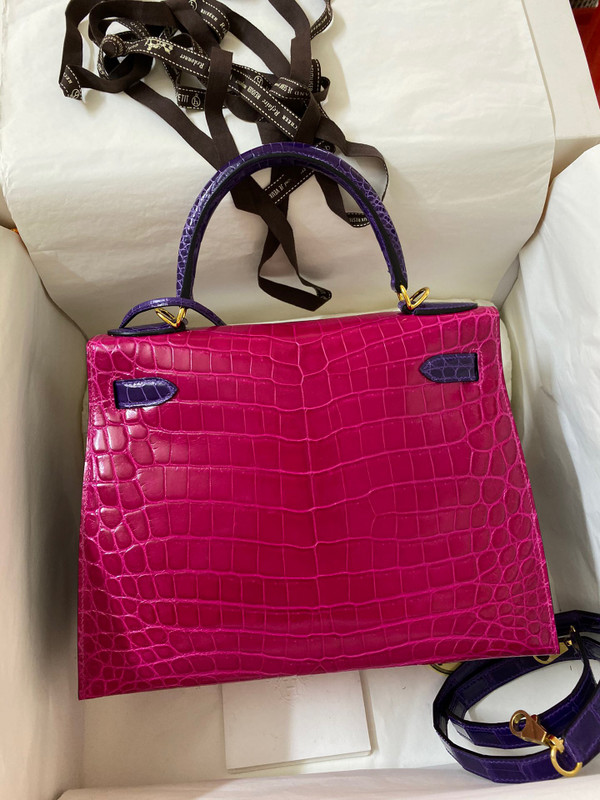 Hermes Special Order Horseshoe SHINY Rose sheheraradez/Purple  NILOTICUS CROCODILE KELLY 28 WITH GOLD HARDWARE
