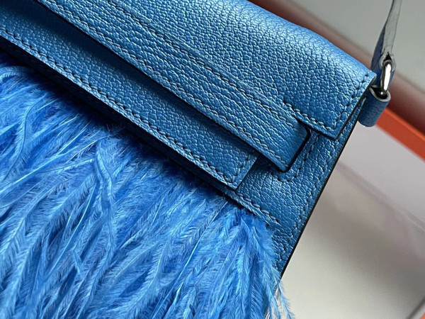Hermes Kelly Elan Shoulder Strap Bag with Ostrich Feathers blue Sellier