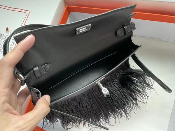 Hermes Kelly Elan Shoulder Strap Bag with Ostrich Feathers black Sellier