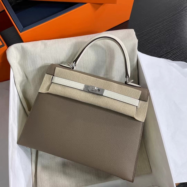 Hermes Special Order Craie/ Etoupe Kelly 25 cm Epsom Palladium  Hardware