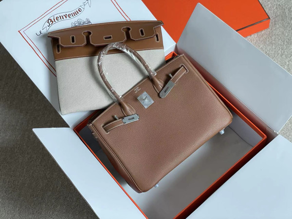 Hermès 3 En 1 Birkin 30 Gold Barenia Faubourg and Toile with Palladium Hardware