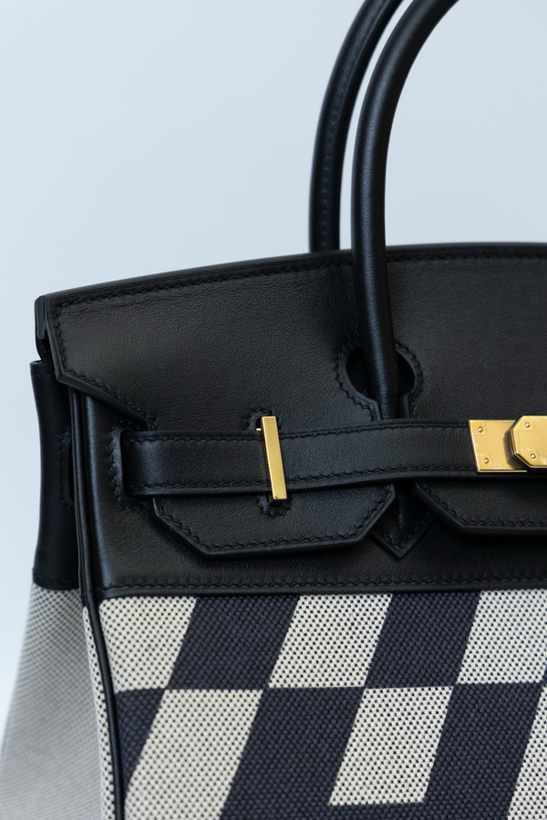 Hermes BIRKIN 35 BLACK COURCHEVEL WITH PAINTED ULYSSES TOILE CANVAS & GOLD HARDWARE