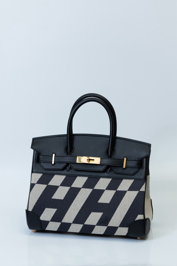 Hermes BIRKIN 35 BLACK COURCHEVEL WITH PAINTED ULYSSES TOILE CANVAS & GOLD HARDWARE