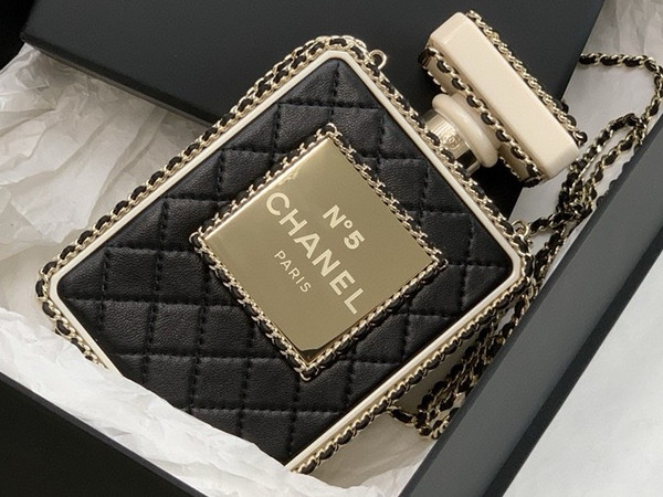 Chanel Black Quilted Leather and White Perspex Perfume Bottle Minaudiere Gold Hardware
