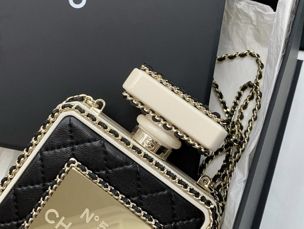 Chanel Black Quilted Leather and White Perspex Perfume Bottle Minaudiere Gold Hardware