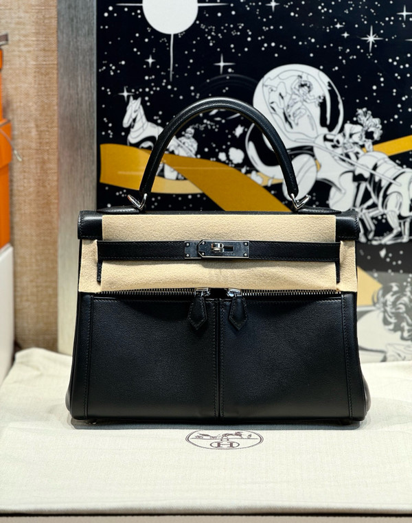 Hermes LIMITED EDITION BLACK SWIFT LEATHER LAKIS KELLY 28 WITH Palladium HARDWARE