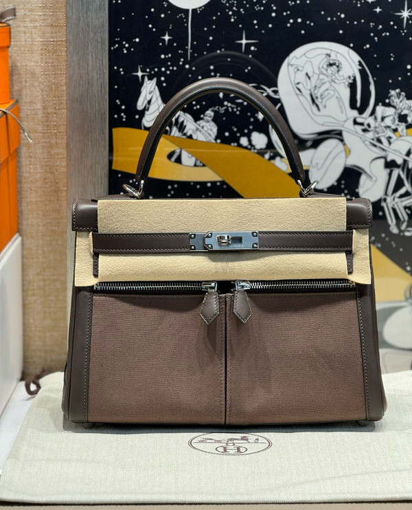 Hermes LIMITED EDITION SWIFT LEATHER & TOILE CAMOUFLAGE LAKIS KELLY 28 WITH PALLADIUM HARDWARE