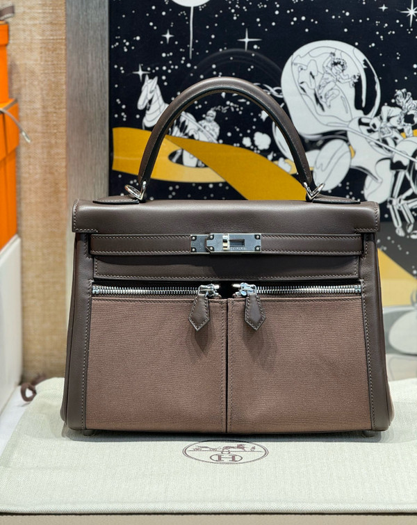 Hermes LIMITED EDITION SWIFT LEATHER & TOILE CAMOUFLAGE LAKIS KELLY 28 WITH PALLADIUM HARDWARE