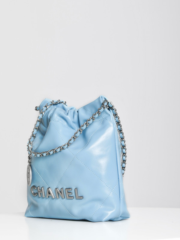 CHANEL 22 MINI HANDBAG SILVER LOGO SS2023 BABY BLUE