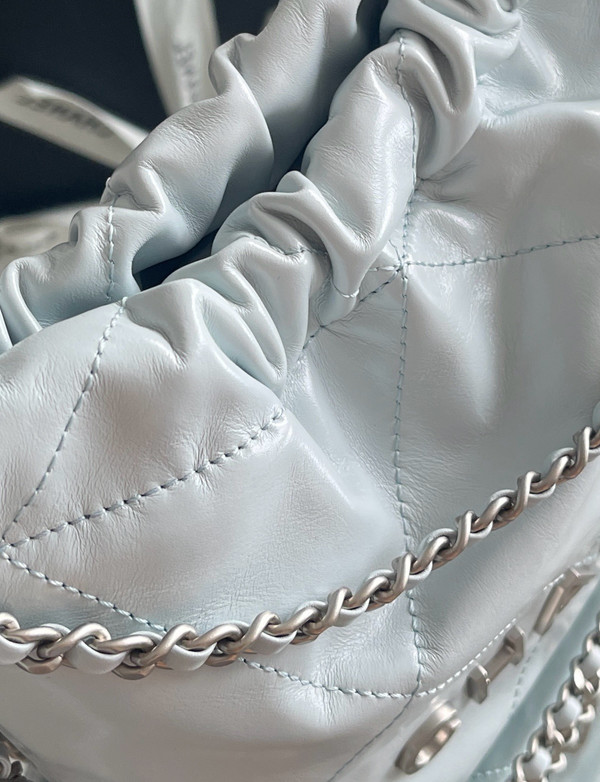 CHANEL 22 MINI HANDBAG SILVER LOGO SS2024 LIGHT BABY BLUE