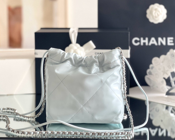 CHANEL 22 MINI HANDBAG SILVER LOGO SS2024 LIGHT BABY BLUE