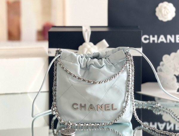 CHANEL 22 MINI HANDBAG SILVER LOGO SS2024 LIGHT BABY BLUE