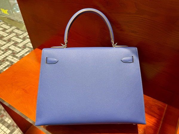 Hermès Special Order Craie/ Blue Agate Horseshoe  Kelly 32  Epsom Palladium Hardware