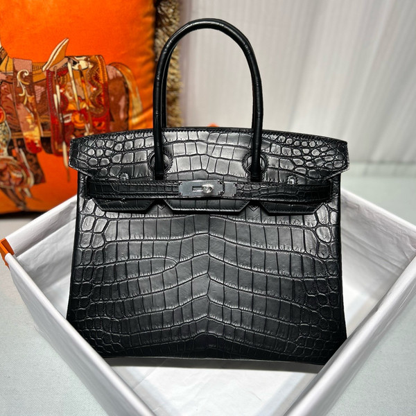 HERMES SO-BLACK BIRKIN 25 Matt alligator crocodile skin, Black hardware
