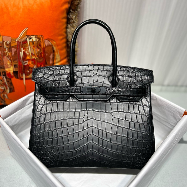 HERMES SO-BLACK BIRKIN 25 Matt alligator crocodile skin, Black hardware