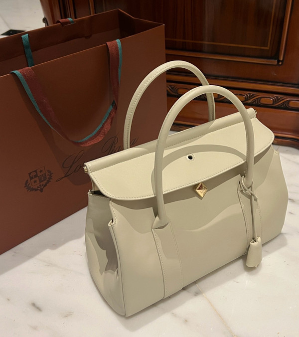 LORO PIANA Loom 32 Grained Leather Top-Handle Bag White