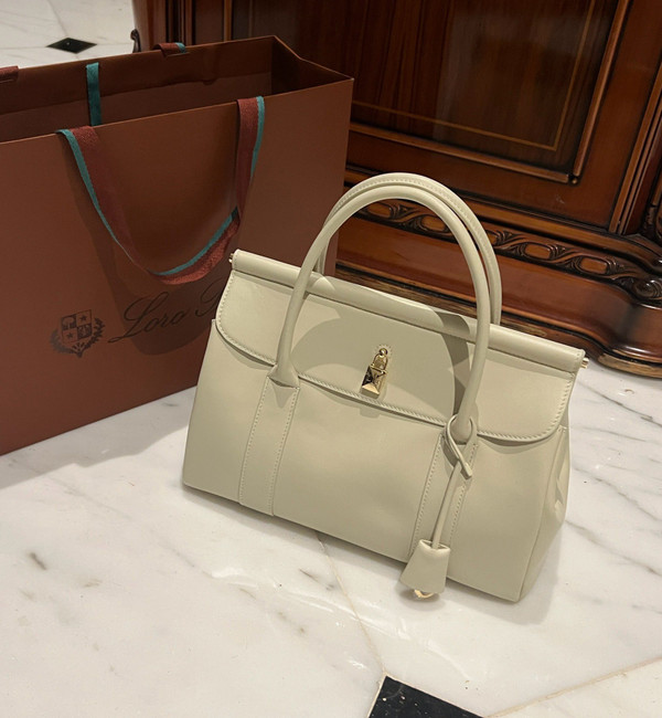 LORO PIANA Loom 32 Grained Leather Top-Handle Bag White