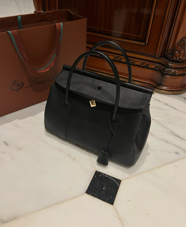 LORO PIANA Loom 32 Grained Leather Top-Handle Bag Black