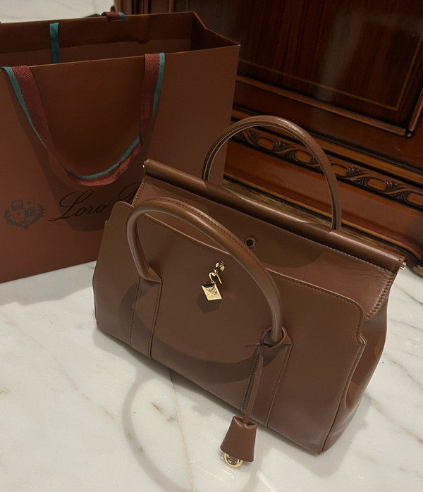 LORO PIANA Loom 32 Grained Leather Top-Handle Bag Brown