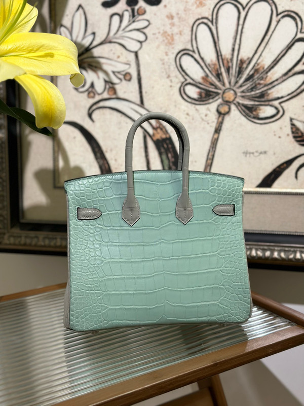 Hermès Shinny Mint/Grey Alligator Birkin  25cm Palladium Hardware