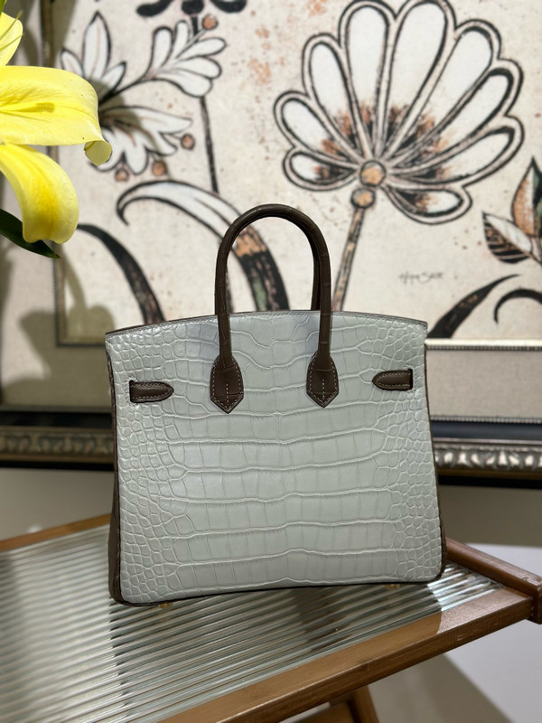 HERMES SPECIAL ORDER BIRKIN 30 BAG SHINY BLACK/GREY ALLIGATOR GOLD HARDWARE
