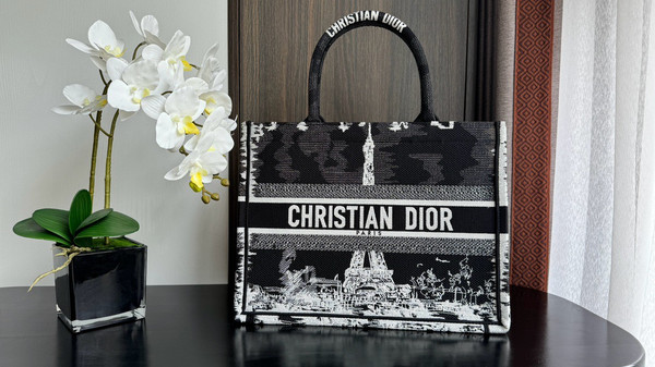 Christian Dior Medium Dior Book Tote  Black and White Paris Embroidery